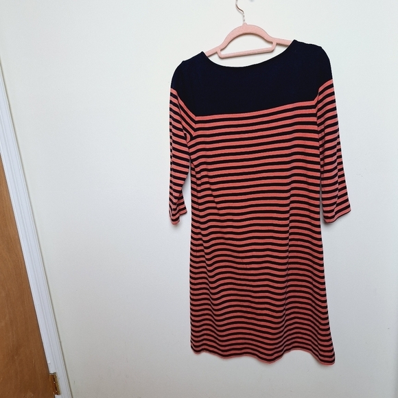 Talbots Navy Blue and Pink Stripe Colorblock Knit Cotton Quarter Sleeve Dress - Picture 2 of 6